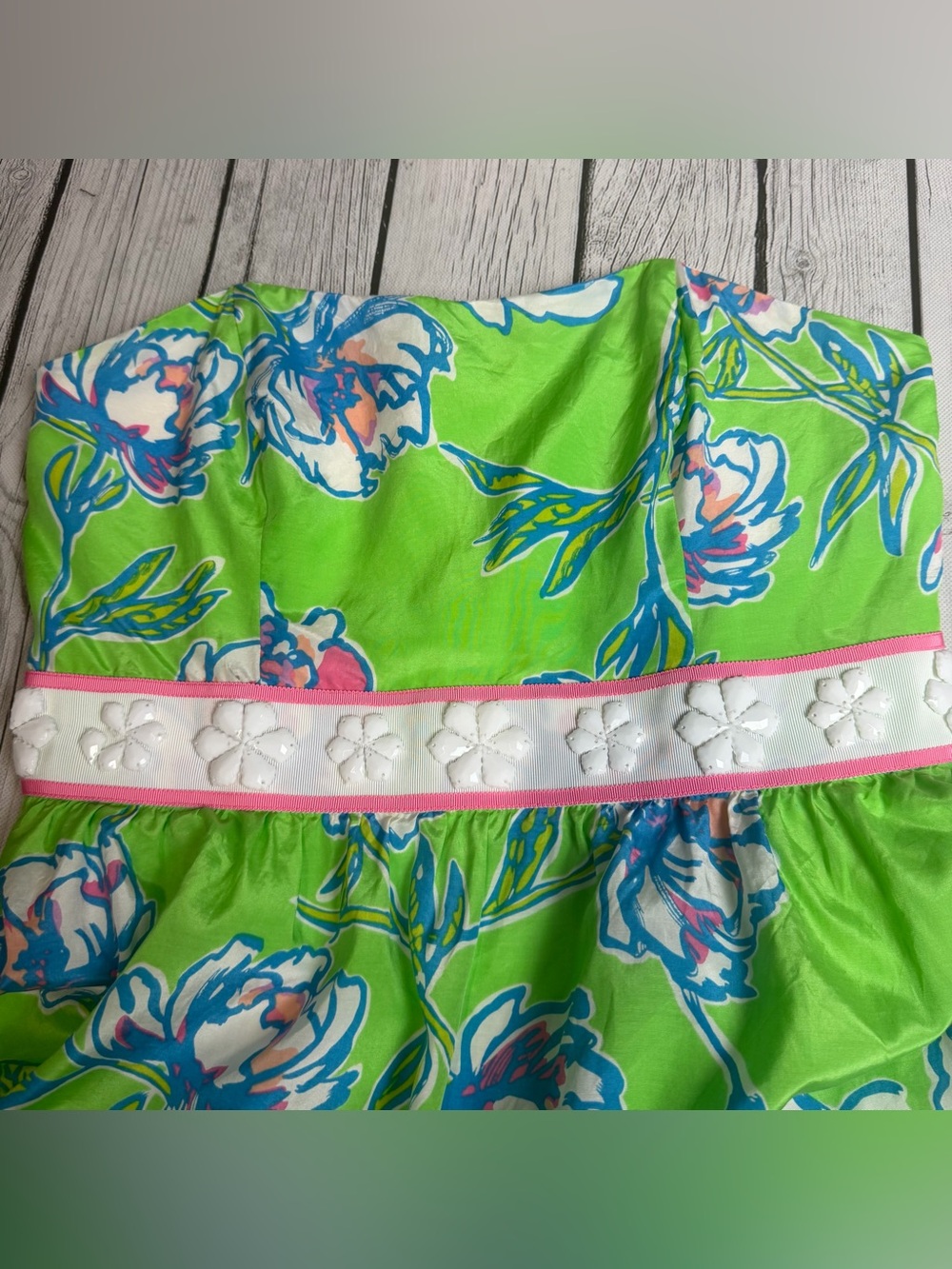 Lilly Pulitzer Women's 8 Langley Strapless Beaded Silk New Green Tossed Dress - Picture 3 of 8
